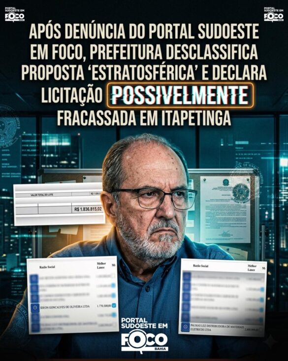 Após denúncia do Portal Sudoeste em Foco, prefeitura desclassifica proposta "estratosférica" e pode declarar licitação fracassada em Itapetinga